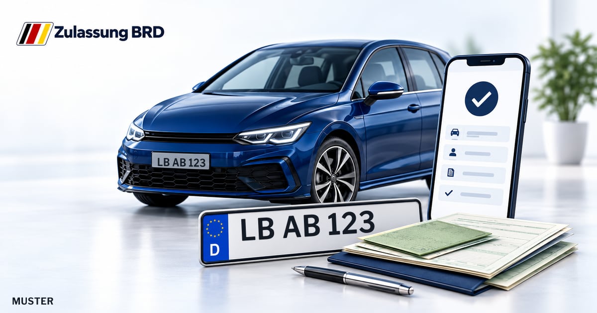 Online Fahrzeugzulassung in Freiberg am Neckar: Musterkennzeichen LB AB 123, Auto und Fahrzeugpapiere und Smartphone. Illustration mit Logo von Zulassung BRD.